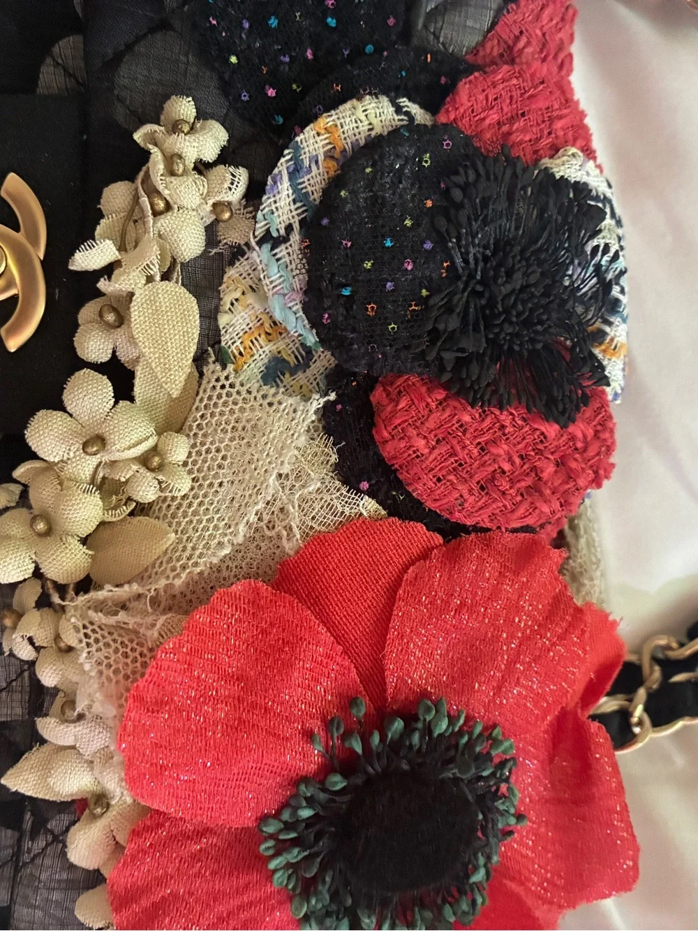 CHANEL Black Quilted Shoulder Bag with Red Floral Appliqués
